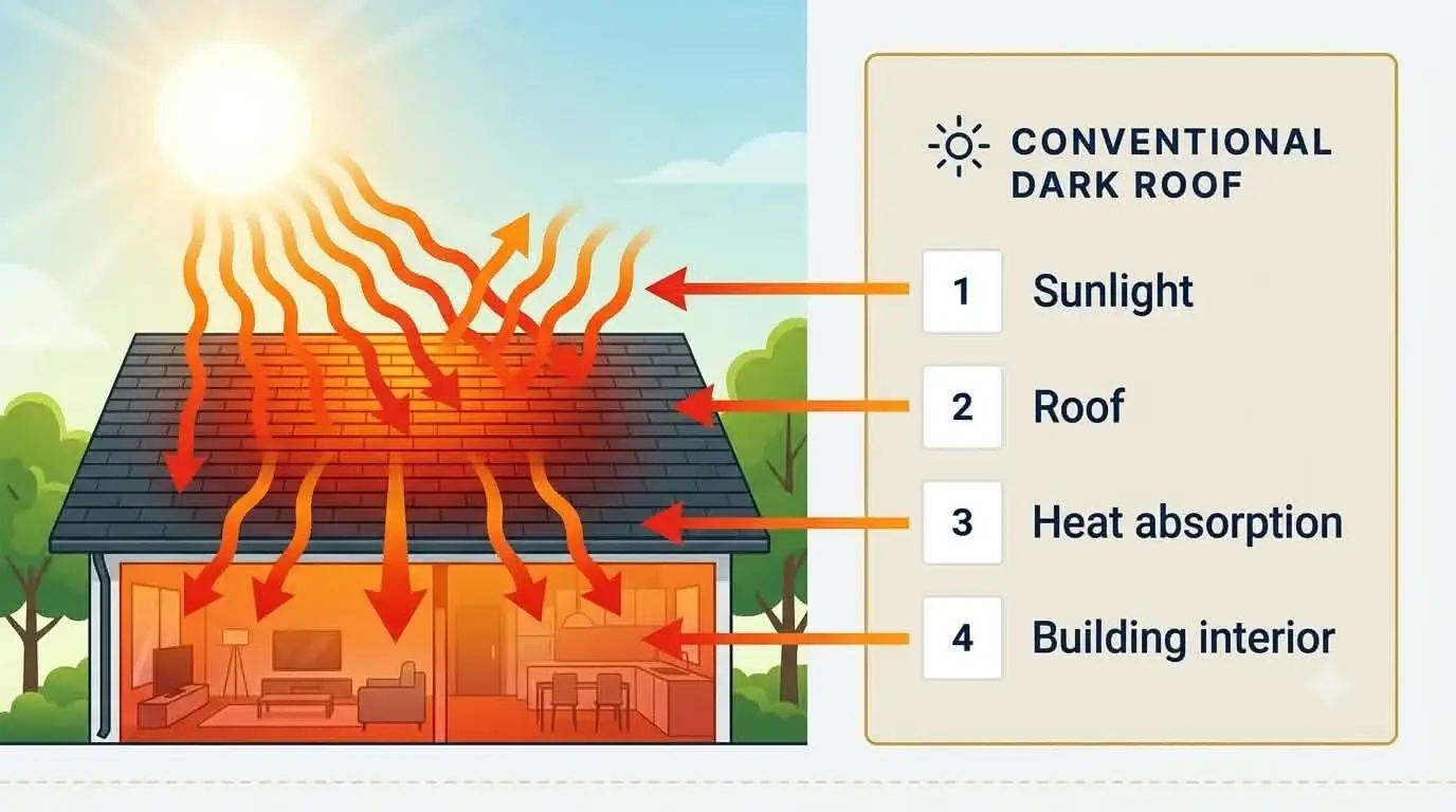 Illustration of a conventional dark roof absorbing sunlight and transferring heat into a building.