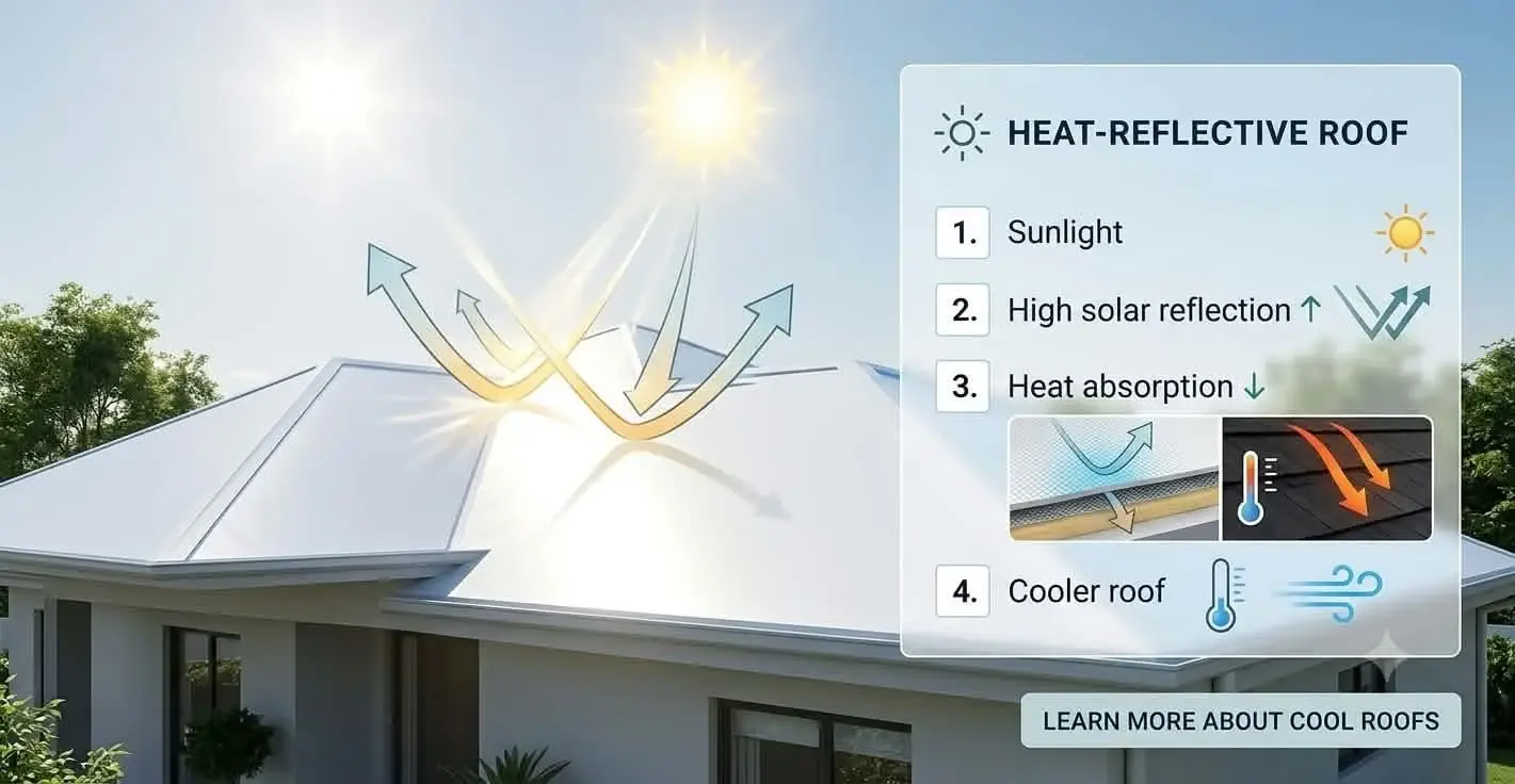 Illustration of a heat-reflective roof reflecting solar radiation and reducing heat absorption.